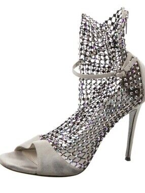 Rene Caovilla Galaxia Silver Embellished Mesh Stiletto Sandal - Women 10